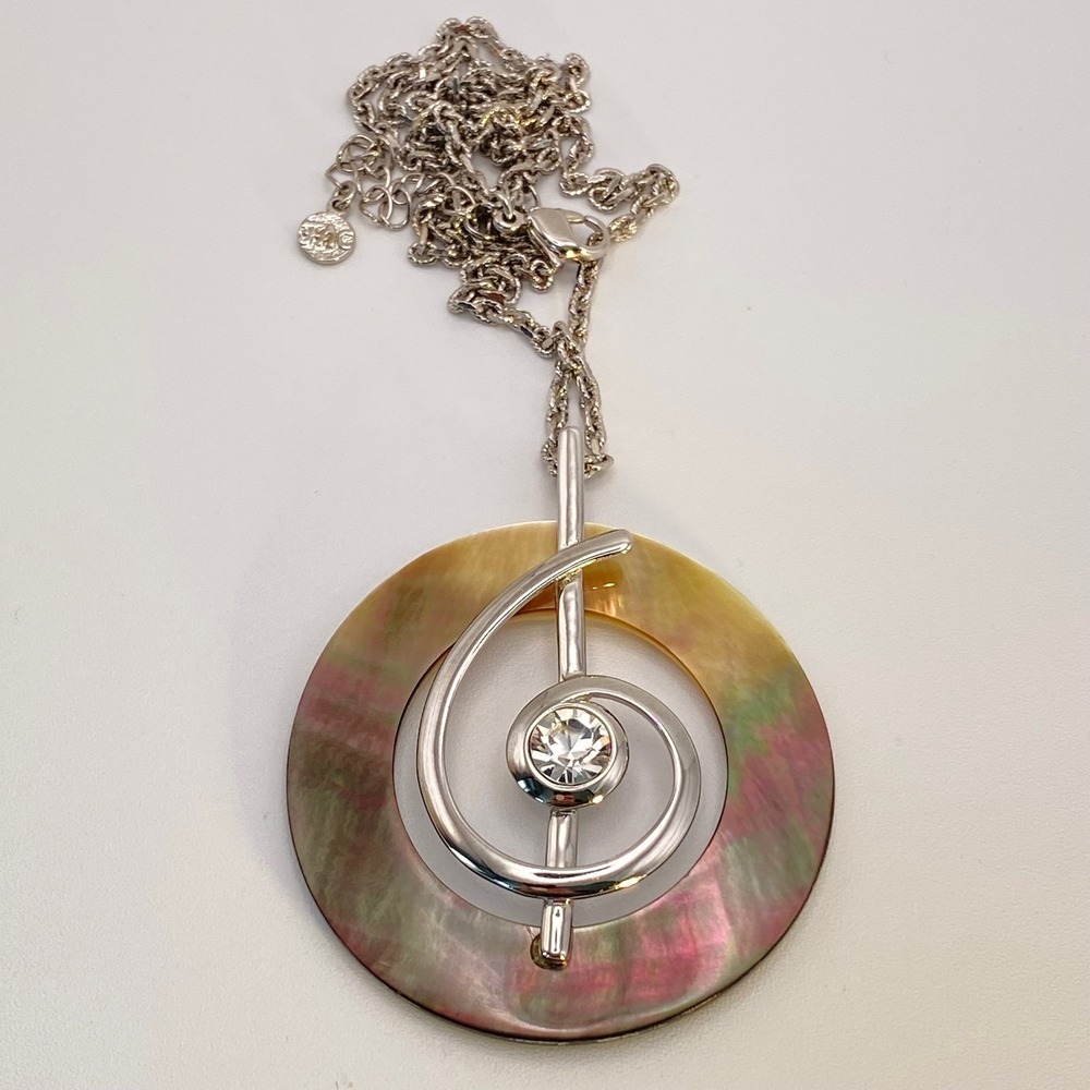 Butler Pendant Necklace Silver Tone Vintage MOP Abalone Crystal Music Note